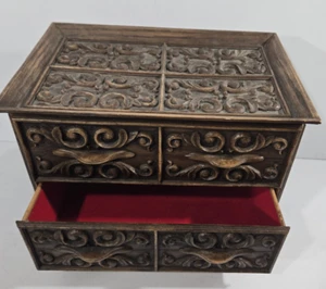 1970s LERNER Faux Wood Cast Plastic 2 Drawers Crafts Trinkets Jewelry Sewing Box - Picture 1 of 7