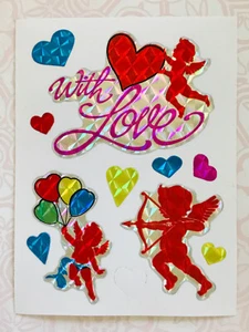 VTG Prism Sticker Valentine Cupids Hearts Balloons Sheet - Picture 1 of 1