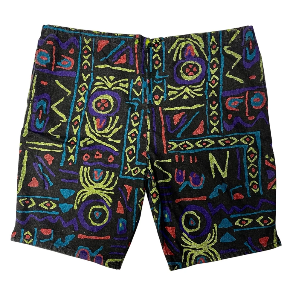 NOS Vtg 90's Levi Silver Tab NEON Painted TRIBAL GRAFFITI Denim SKATER Shorts L - Image 1 of 4
