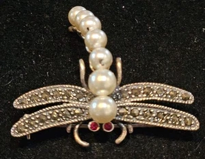 Sterling Silver 925 Garnet, Pearl and Marcasite Dragonfly Brooch 2 In - Picture 1 of 3