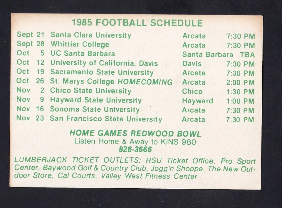 Calendario de bolsillo de fútbol americano Humboldt State Lumberjacks 1985 NCAC Foto 1 de 1