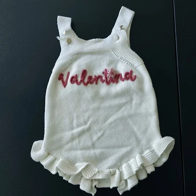 Crochet Valentina Embroidery Baby Bodysuit Ruffles Buttons White Stretch OSFM - Image 1 of 4