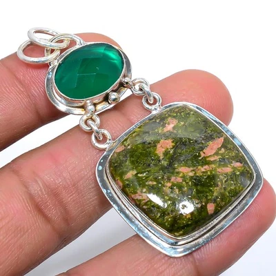 Joyería colgante étnica de plata de ley 925 de ónix verde y unakita 2,55" T97 Foto 1 de 4