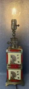 Vintage Chinese Tea Tin Table Lamp Red Gold Brass Chinoiserie Mid Century 15" - Picture 1 of 14