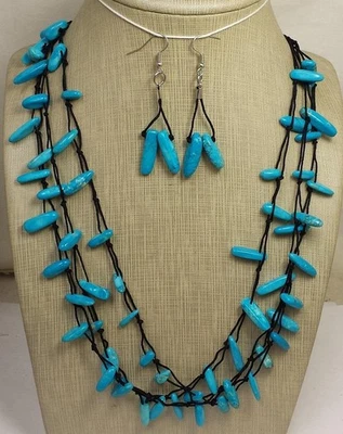 multi-strands block(reconstituted) blue turquoise  necklace/earring set(m329-w2) - Image 1 of 2