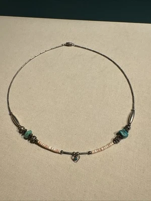 Collar Turquesa y Coral Tono Plata Corazón Colgante 7 Pulgadas Vintage Foto 1 de 4