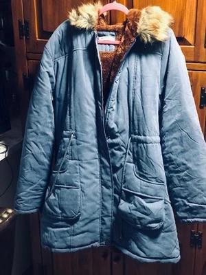 Grace Karin  Blue Super Soft Winter 3XL Jacket Parka Coat w/Faux Fur Trim Hood - Image 1 of 4