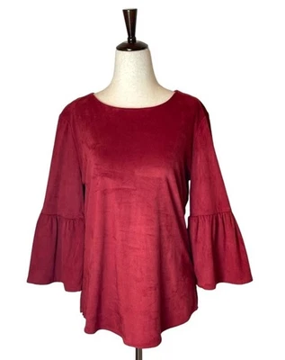 Camisa Tyler Boe Mujer Pequeña Roja Imitación Gamuza Cuello Redondo Manga Campana Pullover Top Foto 1 de 4