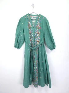 Boden Dress Size 12 R Addie Leafy Green 100% Linen Floral Midi Boho Belted - Picture 1 of 11