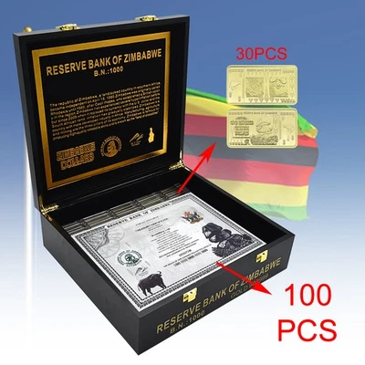 100pcs and 30 Bars Zimbabwe 100 Trillion Silver Plastic Banknotes Certificates - Image 1 of 4