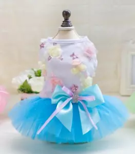 Dog Dress with Blue Sparkle Glitter Flower Rhinestone Bow, Fits 15-16" Chest - Picture 1 of 1