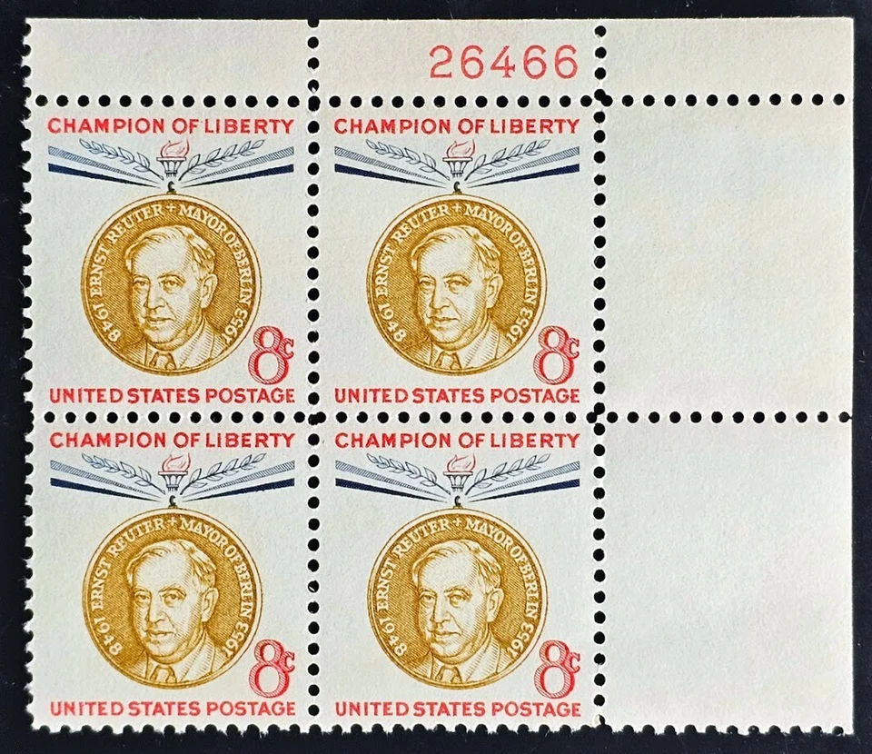 US Plate Block of 4 stamps - Scott 1137 - 8 cent - Ernst Reuter - 1959 - MNH - Image 1 of 1