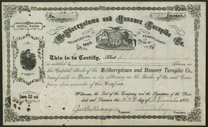 U.S.A: Pennsylvania: McSherrystown and Hanover Turnpike Co., $10 shares, 1889 - Picture 1 of 1