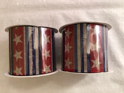 Lot of 2 Rolls Patriotic Ribbon Burlap Look Stars & Stripes 2.5" w x 3 yards ea - Image 1 of 2