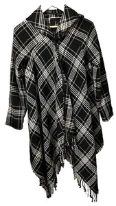 Jack by BB Dakota Women's XS Black & White Plaid Hooded Cardigan With fringe - Picture 1 of 11
