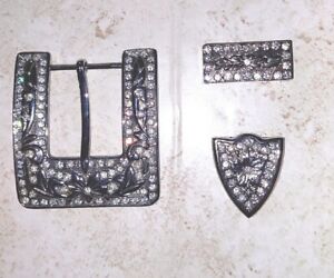 Rhinestone Silvertone Belt Buckle, End Cap & Strap Holder Bling Bling