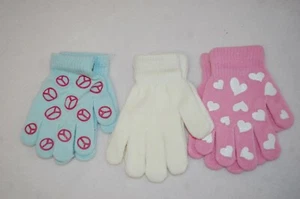 Girls 3 PAIR LOT GLOVES Stretchy Knit OFF WHITE Aqua Peace Sign PINK HEARTS - Picture 1 of 1