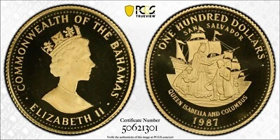 1987 BAHAMAS Gold ~ Isabella & Columbus ~ PCGS PF69 DCAM TOP POP Only 849 Minted - Image 1 of 4