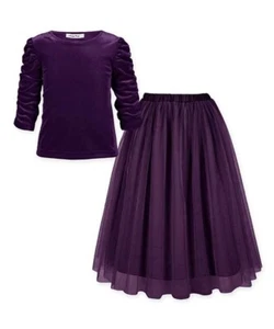 Orchid Lane Velvet Ruched Top & Tulle Sleeve A-Line Skirt - Purple - Sz 8 - New - Picture 1 of 4
