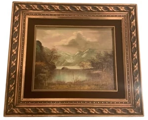 Quadro olio su tela firmato WILLIAM HARLOCK vintage cornice paesaggio lago montagna - Foto 1 di 5