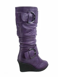 Top Moda Pure-65 Round Toe Slouch Buckle Wedge Mid Calf Boots - Purple - Sz 7 - Picture 1 of 2