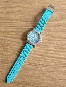 Orologio Ginevra Platino Donna Turchese Cinturino Silicone Zebra Strass Bling W1 - Foto 1 di 16