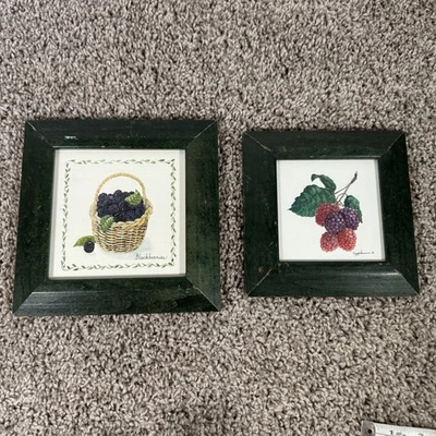 Peggy Abrams Fruit Art Prints LOT of 2 Raspberry Blackberry Small Framed Green - Image 1 of 4