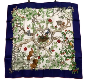 HERMES Scarf Carre 90 AU COEUR DES BOIS Silk Navy No Box Used MINT. - Picture 1 of 7