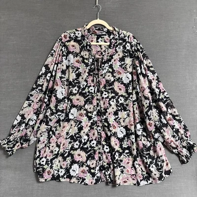 Top Torrid 6X Negro Rosa Floral Metálico Botón Volantes Transparente Túnica Boho Oficina Foto 1 de 4