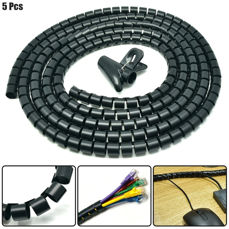 5x 1.5m 30mm Black Spiral Wrapping Bands Cable Tidy Management Organizer Tube - Image 1 of 4