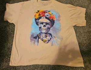 Frida Kahlo Womens Medium Pink Skeleton Floral Oversized Tshirt NWT - Picture 1 of 3
