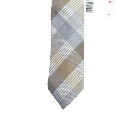 CALVIN KLEIN Men's Silver & Gold Plaid 100% Silk Neck Tie NEW - Image 1 of 2