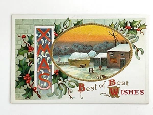 1910 geprägte "XMAS" Einsatz Land Bauernhof Stechpalme geteilte Rückseite Weihnachten Postkarte A4 - Bild 1 von 3