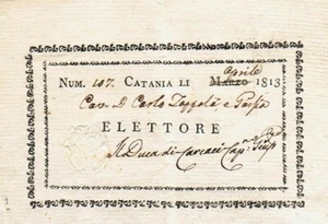 ANTICO BIGLIETTO DI ATTRIBUZIONE DELLA QUALIFICA DI ELETTORE - CATANIA 1813 - Imagen 1 de 1