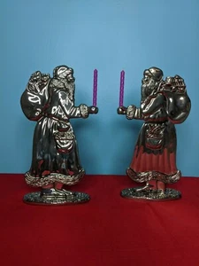 Set of 2 Antique Look Silver Plated Father Christmas Santa Claus Candle Holders - Picture 1 of 10