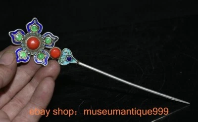 7.2" Old Chinese Silver Cloisonne inlay Green jade ornament hair clasp hairpin - Image 1 of 4