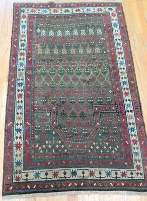 Antique Caucasian Kazak Karabagh Prayer 100% Wool Green Oriental Rug 3' x 5' - Image 1 of 4