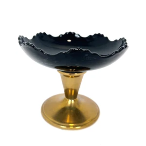 Vintage Art Deco Black Glass Gold Pedestal Candy Dish Golden Ray By G.H. French - Picture 1 of 6