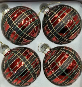 Martha Stewart Rosso Nero Oro Tartan Plaid Vetro Ornamenti Natalizi 3” Set 4 - Foto 1 di 1