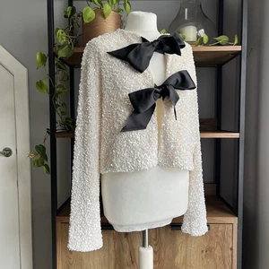 H&M Pailletten Jacke L 16 18 weiß & schwarz Fliege vorne Limited Edition einmal getragen - Bild 1 von 10