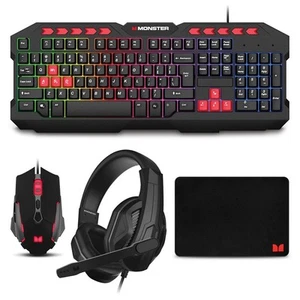 Monster Campaign 4-1 Gaming Bundle (Mouse, Headset, Keyboard, Mouse Pad), Black - Afbeelding 1 van 3