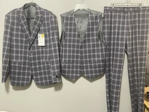 NWT Falcone 42R W36 3 Piece Suit Vest + Jacket + Pants Classic Purple Gray Plaid - Picture 1 of 24