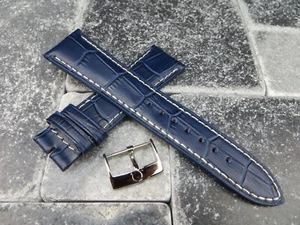 18mm Leather Strap Navy Blue Watch Band with OEM OMEGA Buckle Set Polish White - Picture 1 of 6