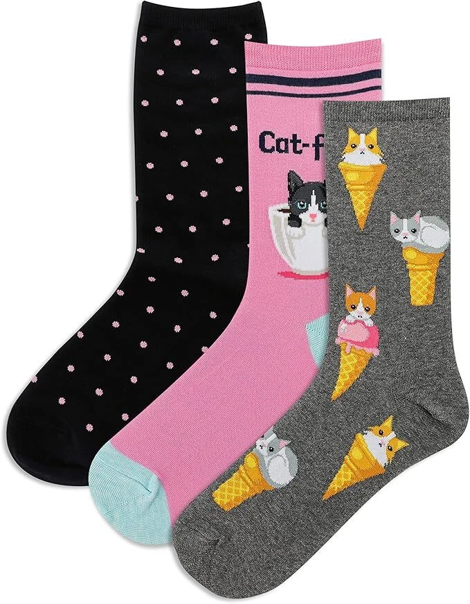 Hot Sox女式多种猫袜3双,炭灰色Heather女式9-11鞋 — 第 1/1 张图片
