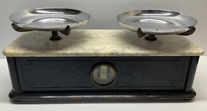 Antique Fisher Scientific Marble & Wood Balance Scale W/ Metal Trays - Picture 1 of 13
