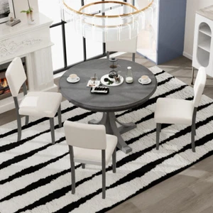 5pc Retro Round Dining Set Dark Gray, Curved Trestle Legs, 4 Upholstered Chairs - Picture 1 of 13