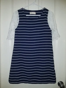 Vestido forrado manga 1/2 de encaje a rayas azul marino y crema, mediano M. *Envío gratuito* - Imagen 1 de 10
