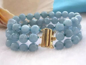 3 Rows Natural Blue Aquamarine Gemstone Round Beads Bracelet 7.5'' 6/8/10/12mm - Picture 1 of 10