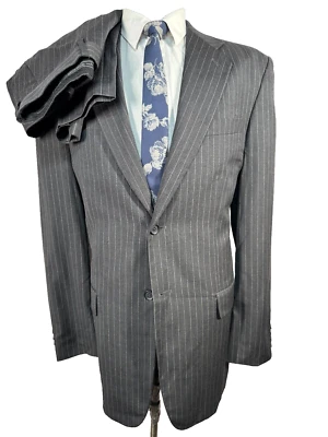 EXPRESS Mens Gray Pinstripe REG FIT Flat Front 2 Pc Suit 44L Jacket 36x32 Pant - Image 1 of 4