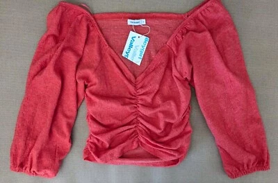 Valleygirl Crop Top Women's Sze S Coral Ruched Front Stretch 3/4 Sleeves Summer  - Image 1 of 4